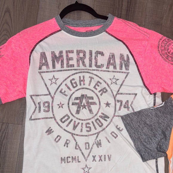 2 American Fighter Pink and Orange Burnout Graphic Tees - Picture 2 of 10